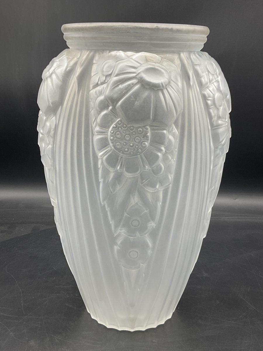 Vase Müller frères en verre pressé moulé satiné à décor stylisé art déco de feuilles et fleurs -photo-6