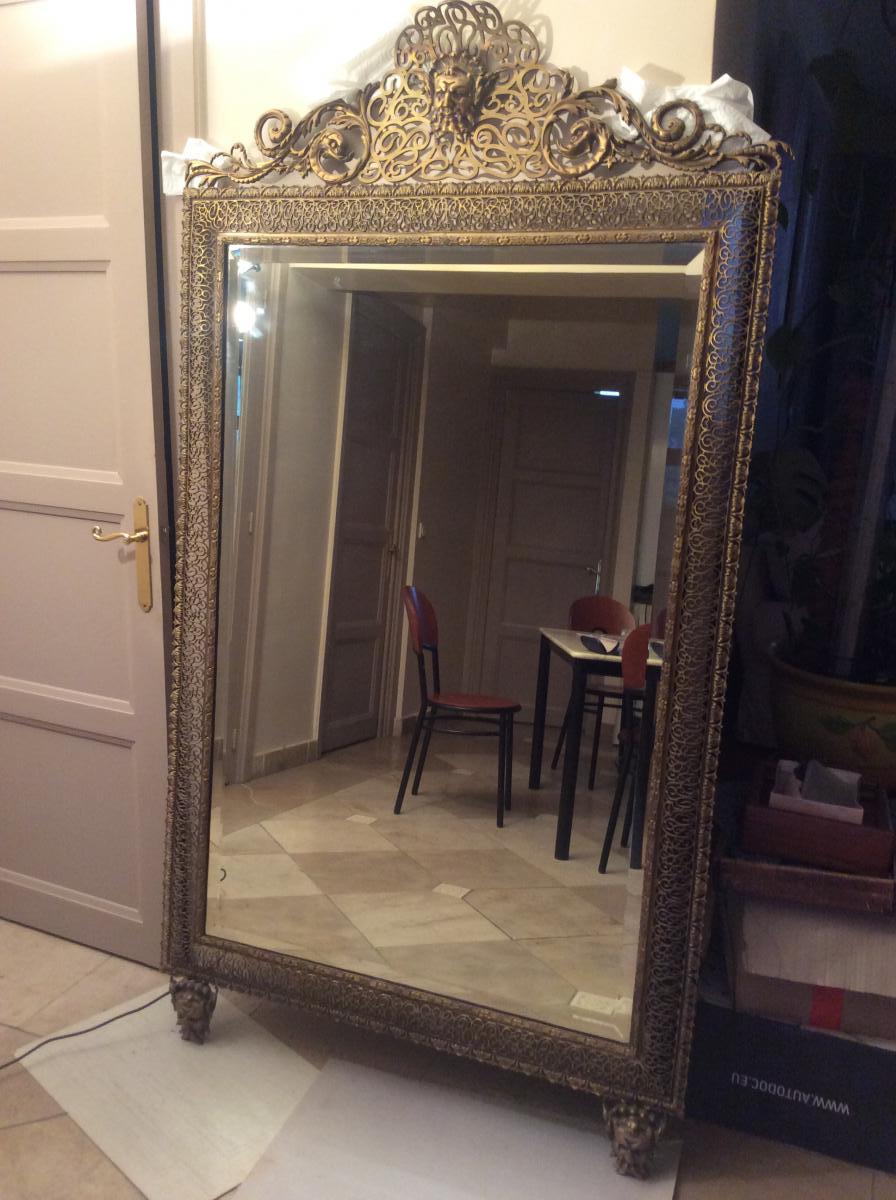 Glace ou miroir En Bronze D’ époque Napoléon III Attribue De Faunes Et Dauphin -photo-2