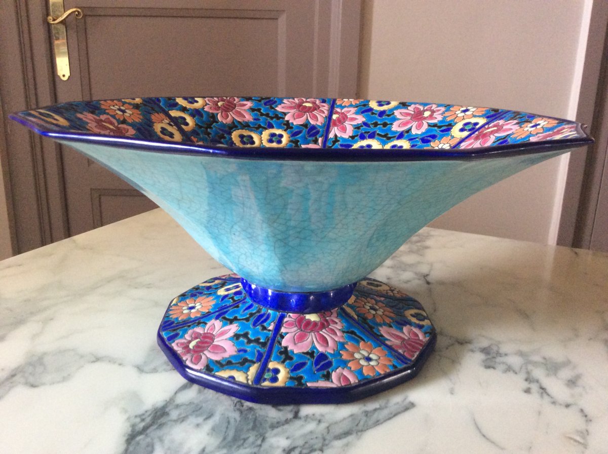 Coupe Art-déco En émaux De Longwy Représentant  Un Décor De Fleurs Polychromes Sur Fond Bleu.  -photo-7