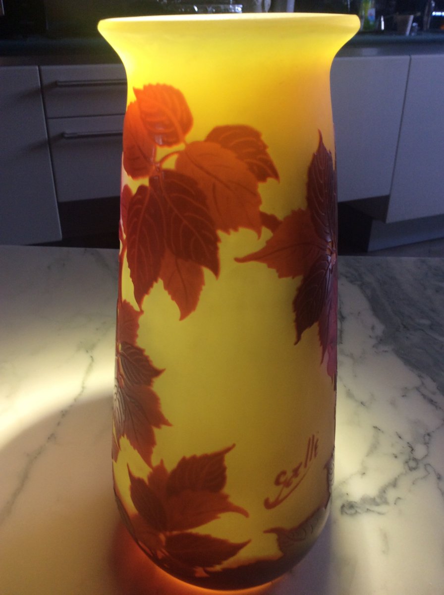 Émile-gallé Vase In Multilayer Glass Cleared With Acid Decorated With Roses On A Yellow Background.-photo-4