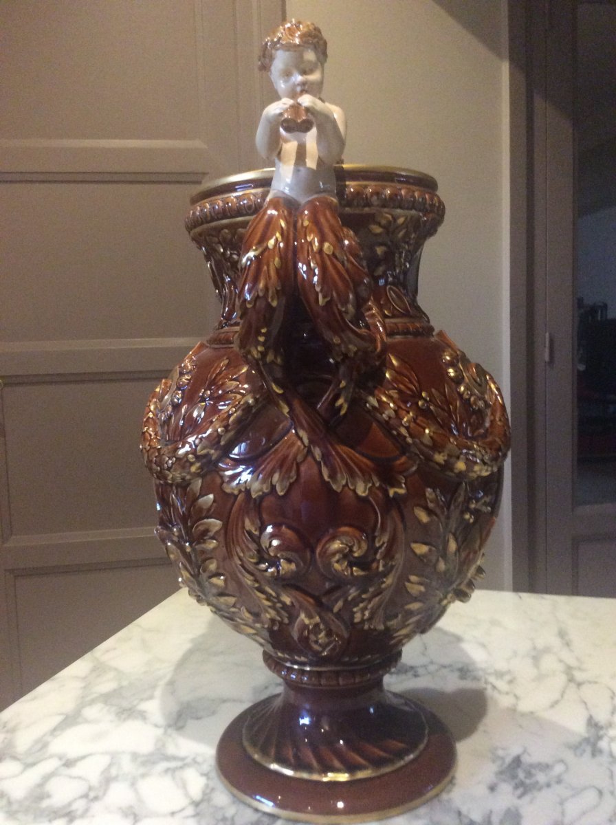 Lyre Vase In Polychrome Majolica Barbotine From Sarreguemines Model By Victor Kramer.-photo-3