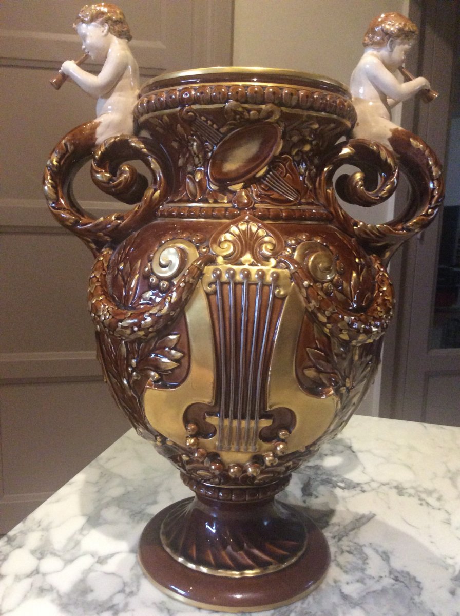 Lyre Vase In Polychrome Majolica Barbotine From Sarreguemines Model By Victor Kramer.-photo-1