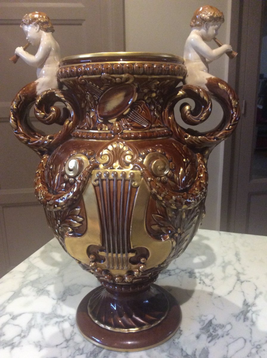 Lyre Vase In Polychrome Majolica Barbotine From Sarreguemines Model By Victor Kramer.-photo-7