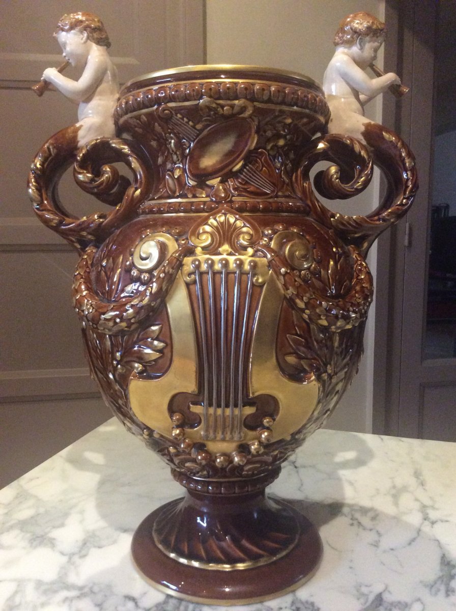 Lyre Vase In Polychrome Majolica Barbotine From Sarreguemines Model By Victor Kramer.