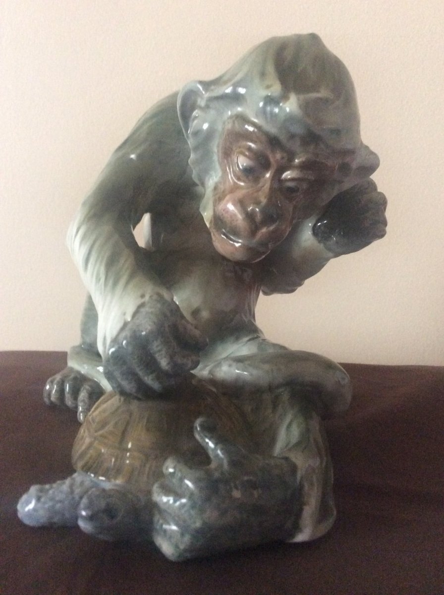 Polychrome Porcelain Monkey Playing With A Turtle By E.ilinsky And Edmond Etling Editor.-photo-2