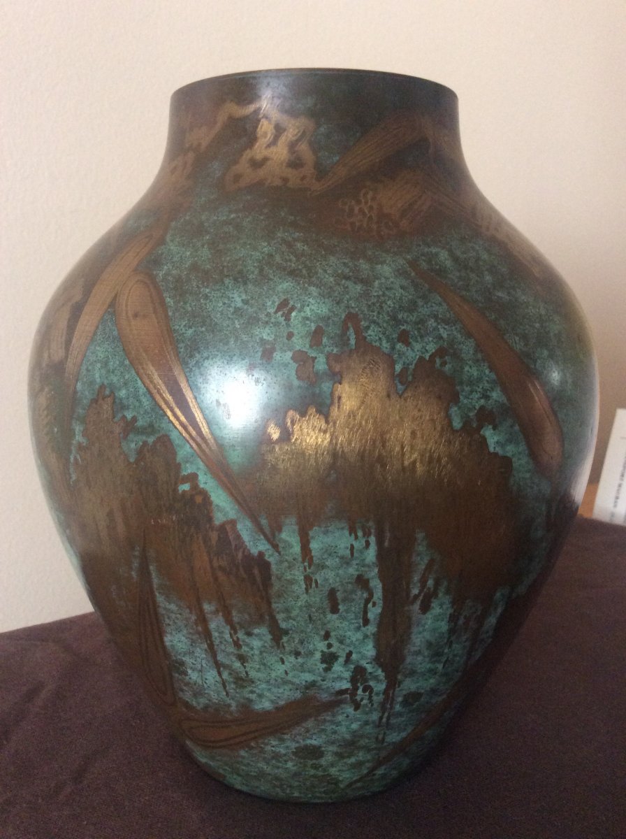 Vase En Dinanderie Art-déco Signé W.m.f. Et Tampon En Creux .-photo-3