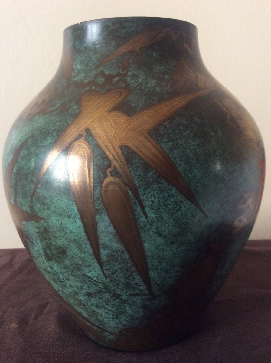 Vase En Dinanderie Art-déco Signé W.m.f. Et Tampon En Creux .-photo-5