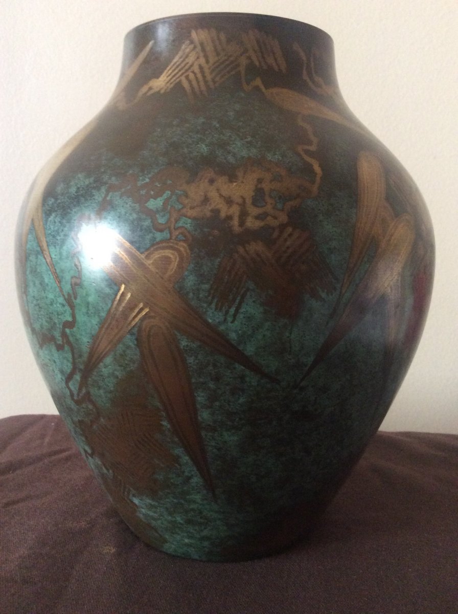 Vase En Dinanderie Art-déco Signé W.m.f. Et Tampon En Creux .