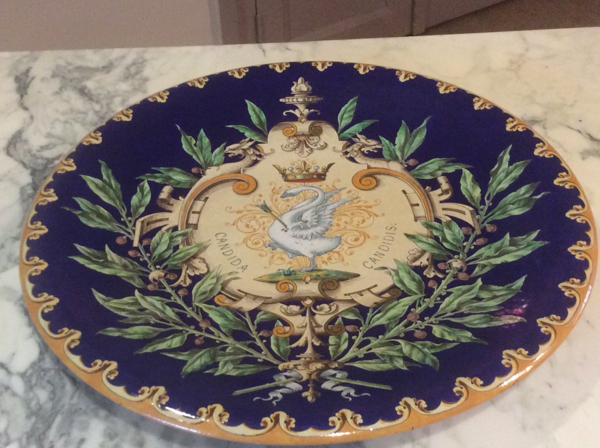 Large Blois Earthenware Dishes By émile Balon With Crowned Swan Decor And Olive Branches.-photo-2