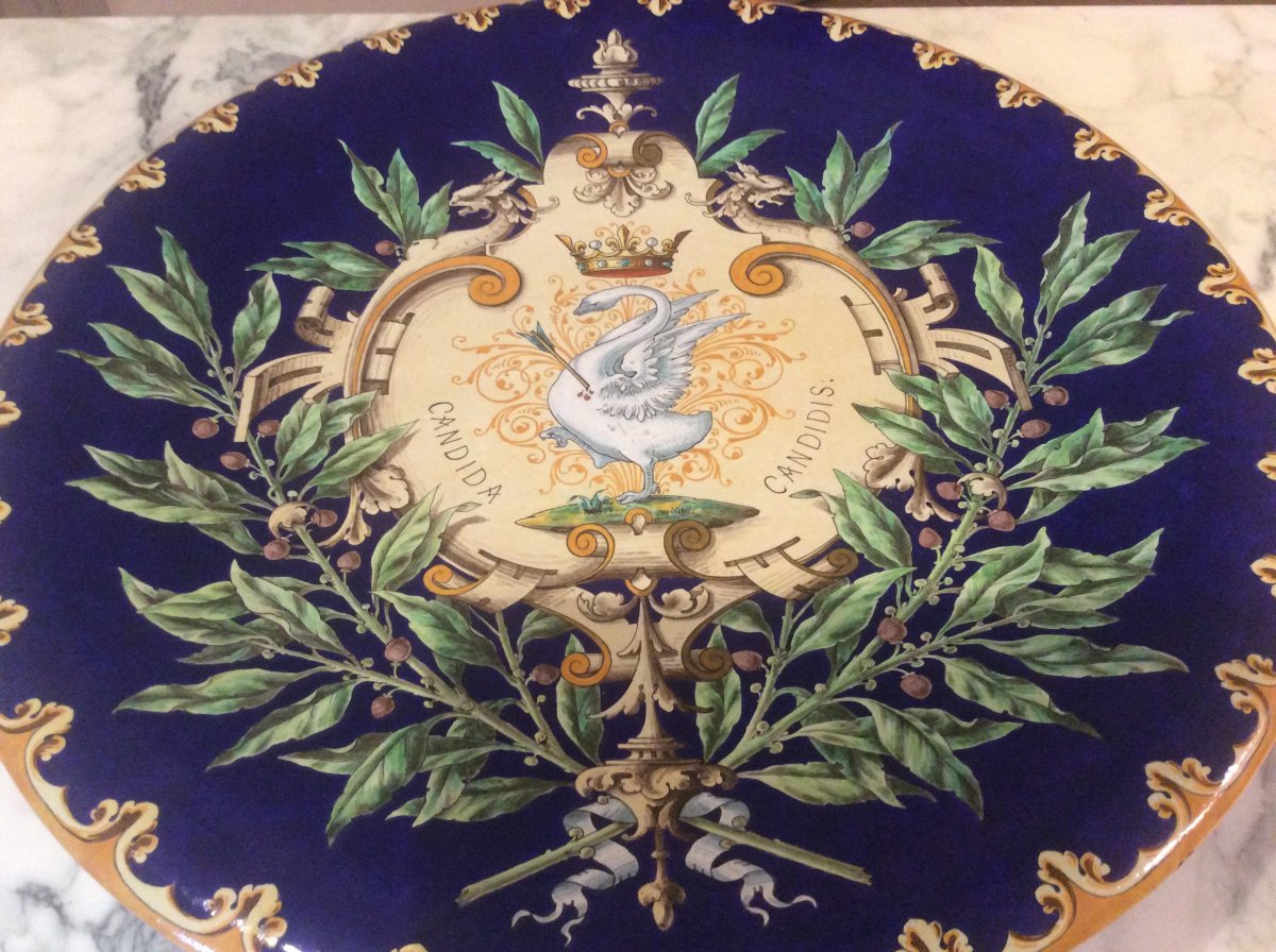Large Blois Earthenware Dishes By émile Balon With Crowned Swan Decor And Olive Branches.-photo-4