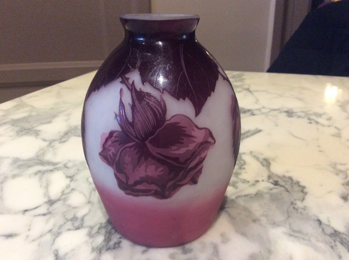 Belly Vase By André Delatte Decorated With Rose, Branches, Foliage On A Pink White Background.-photo-2