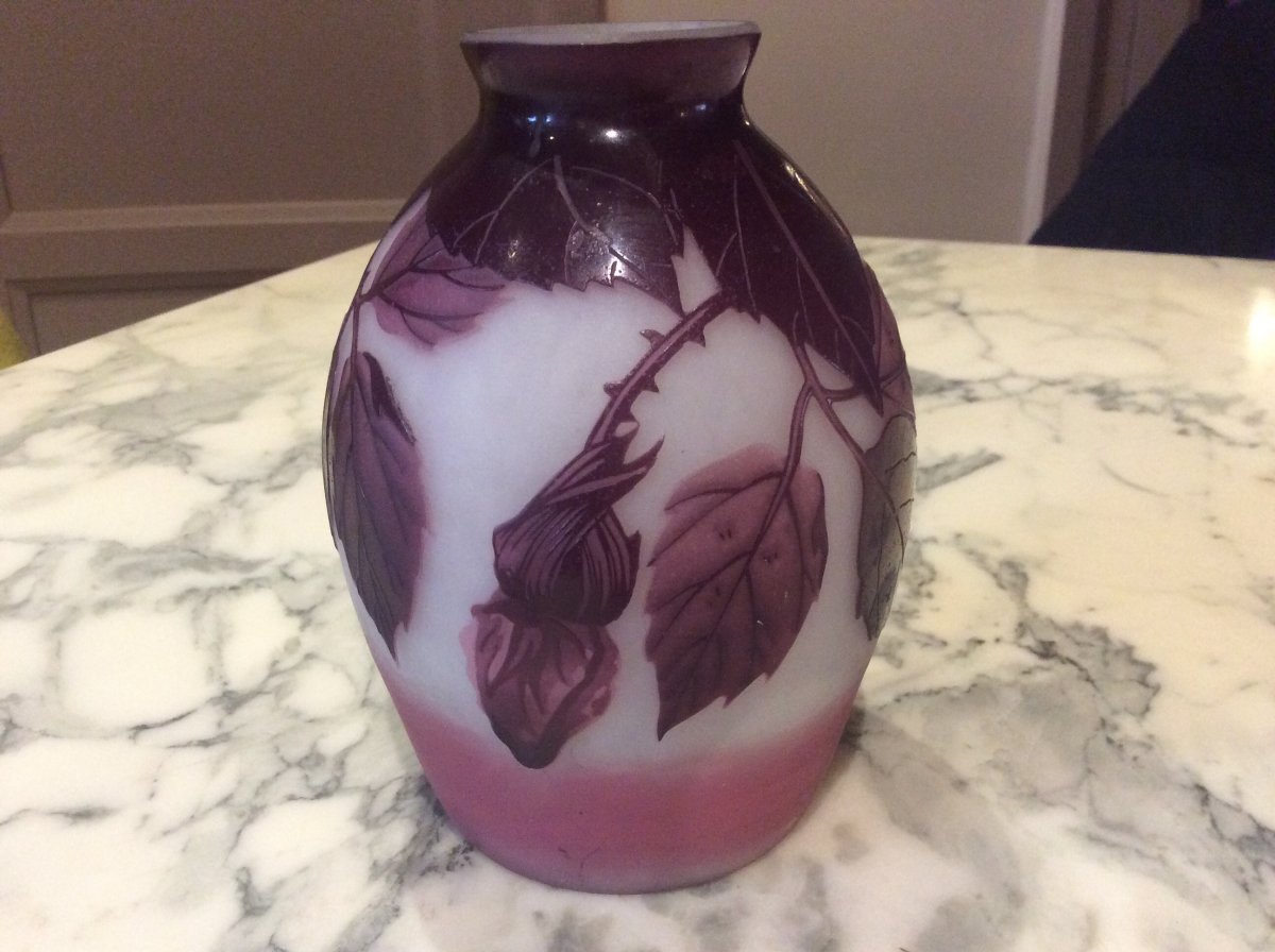 Belly Vase By André Delatte Decorated With Rose, Branches, Foliage On A Pink White Background.-photo-3