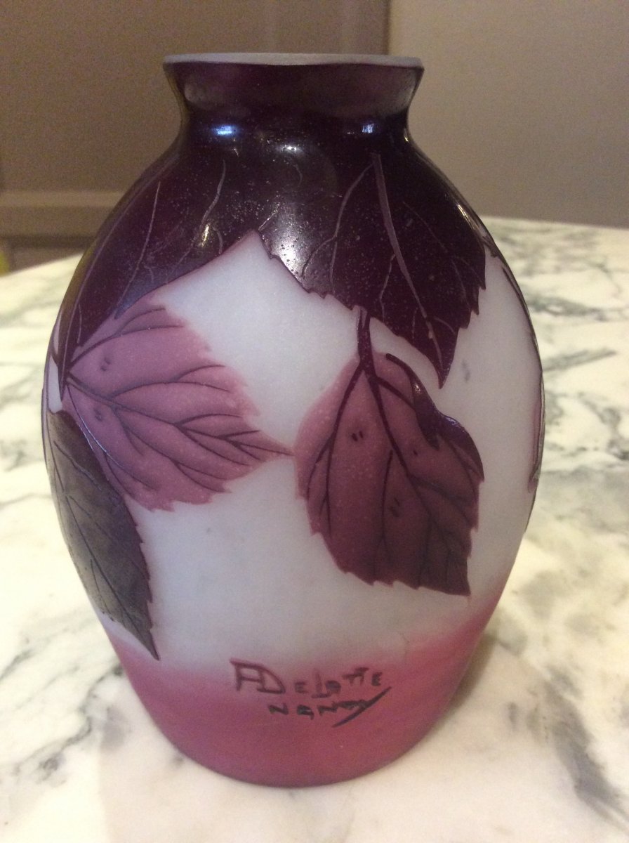 Belly Vase By André Delatte Decorated With Rose, Branches, Foliage On A Pink White Background.-photo-4