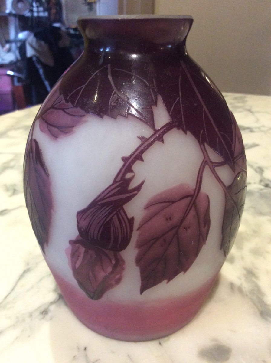 Belly Vase By André Delatte Decorated With Rose, Branches, Foliage On A Pink White Background.-photo-7