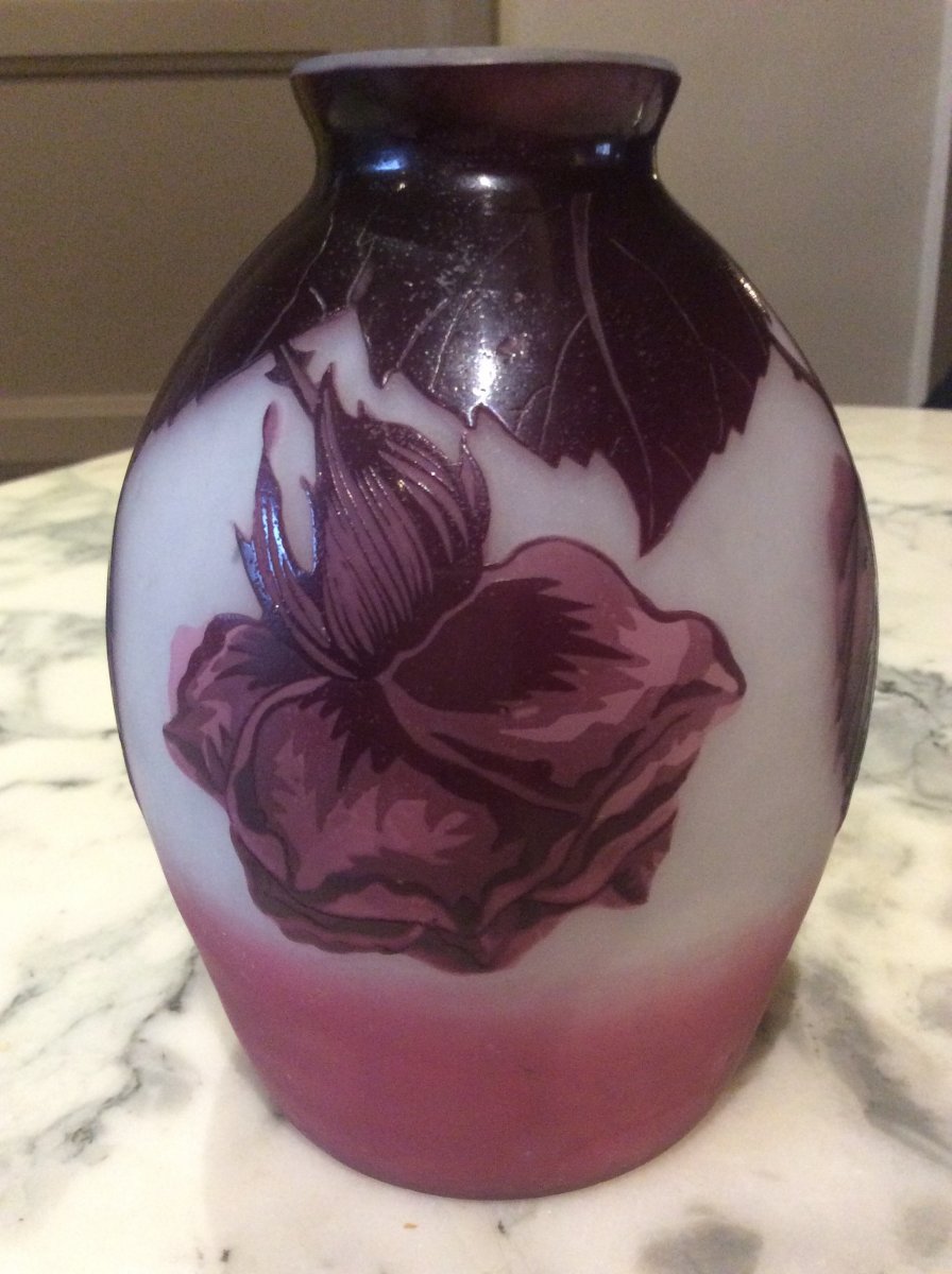 Belly Vase By André Delatte Decorated With Rose, Branches, Foliage On A Pink White Background.-photo-8