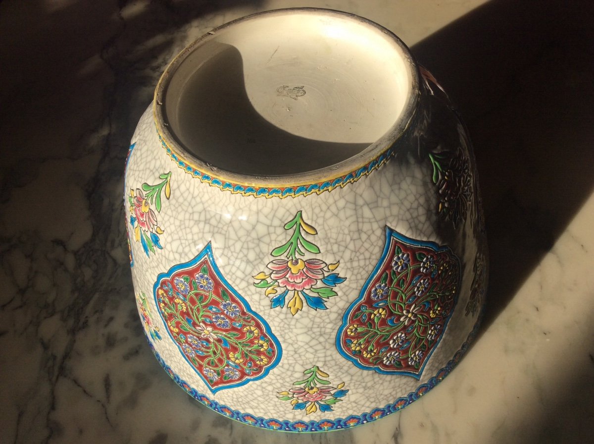 Cachepot In Gien Enamels With Cartouche Decor Of Polychrome Flowers On A White Cracked Background.-photo-4