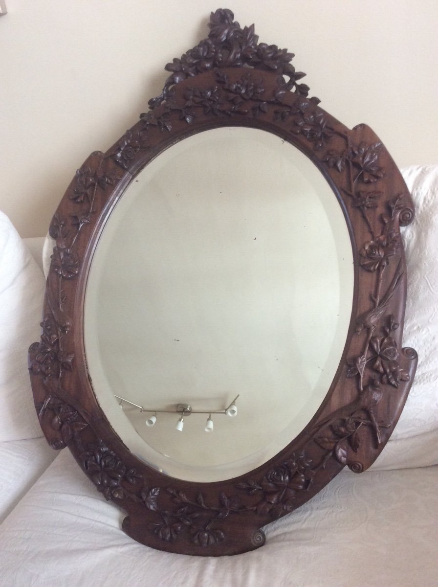 Oval Mirror In Carved Solid Walnut Decor With Embossed Roses And Birds Of Paradise XIX.-photo-2
