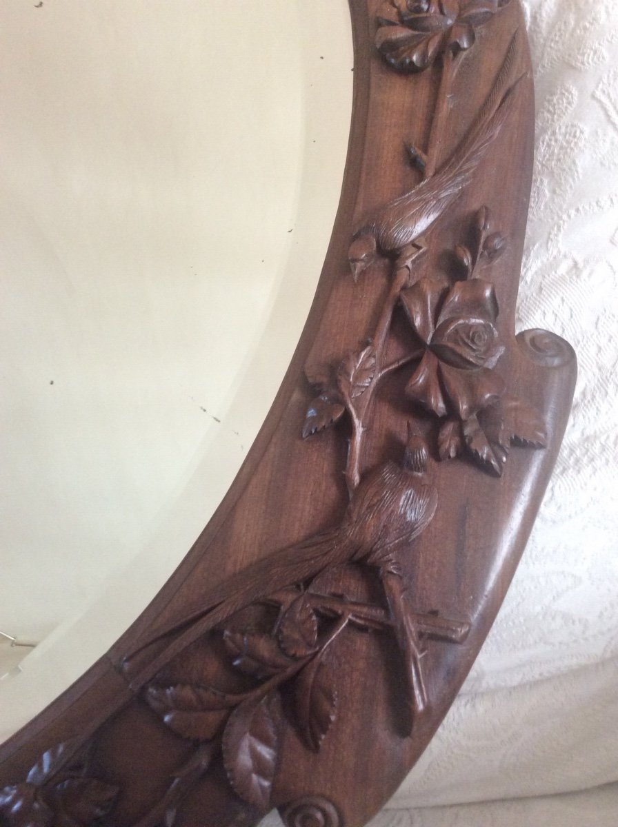 Oval Mirror In Carved Solid Walnut Decor With Embossed Roses And Birds Of Paradise XIX.-photo-4