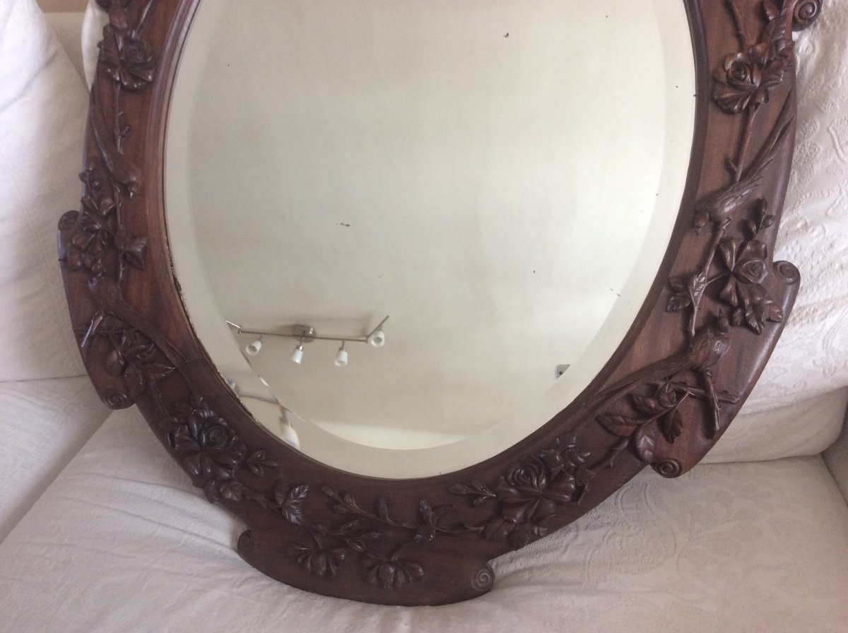 Oval Mirror In Carved Solid Walnut Decor With Embossed Roses And Birds Of Paradise XIX.-photo-4