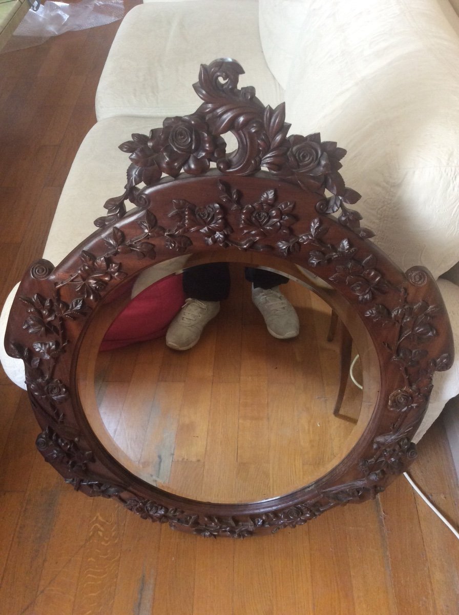 Oval Mirror In Carved Solid Walnut Decor With Embossed Roses And Birds Of Paradise XIX.-photo-5