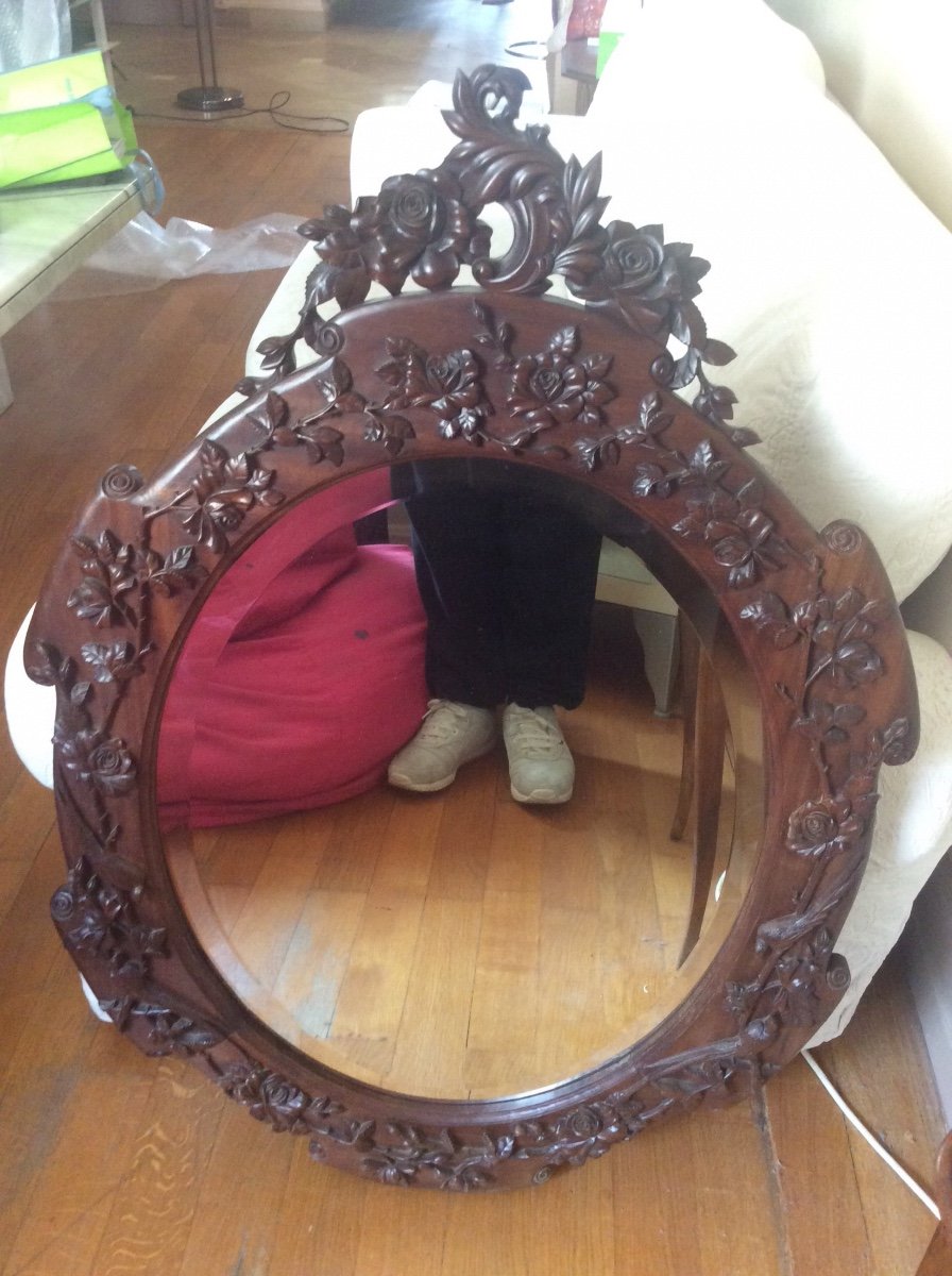 Oval Mirror In Carved Solid Walnut Decor With Embossed Roses And Birds Of Paradise XIX.-photo-6