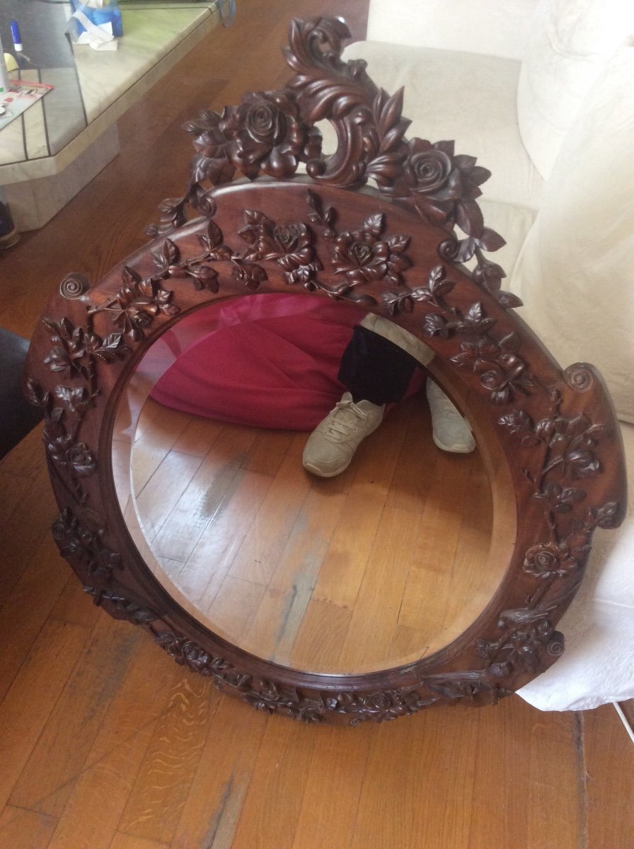 Oval Mirror In Carved Solid Walnut Decor With Embossed Roses And Birds Of Paradise XIX.-photo-8