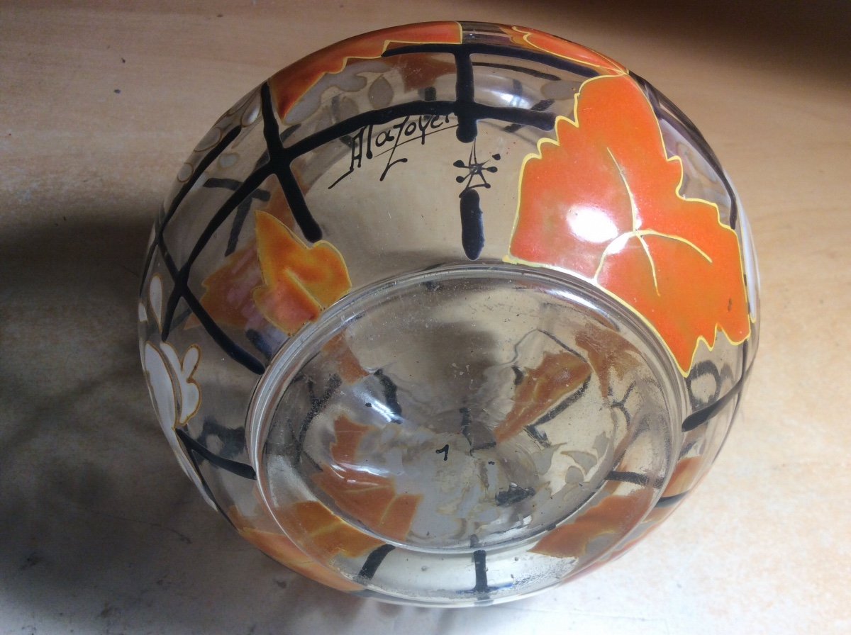 Art-deco Enameled Glass Vase Signed Mazoyer Decorated With White Flowers And Orange Foliage.-photo-2