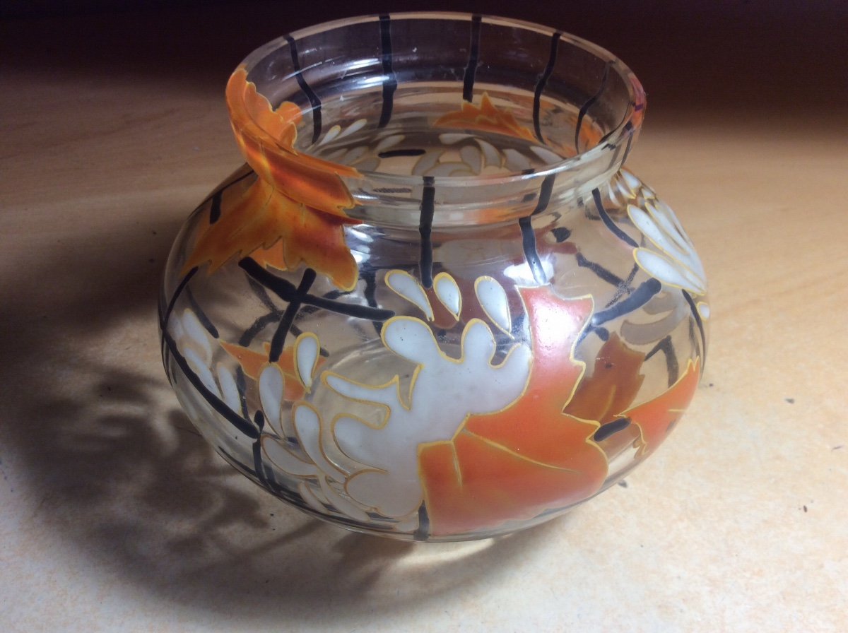 Art-deco Enameled Glass Vase Signed Mazoyer Decorated With White Flowers And Orange Foliage.-photo-3