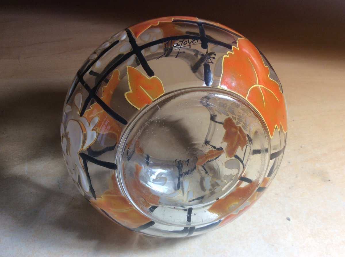 Art-deco Enameled Glass Vase Signed Mazoyer Decorated With White Flowers And Orange Foliage.-photo-4