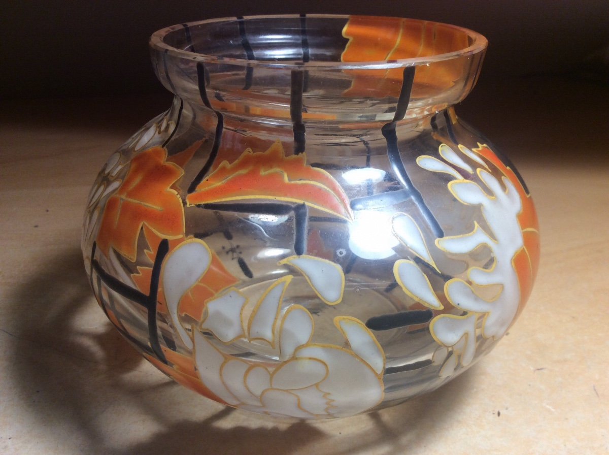 Vase  En Verre émaillé Art-Déco Signé Mazoyer à Décor De Fleurs Blanche Et Feuillages Orange .-photo-2