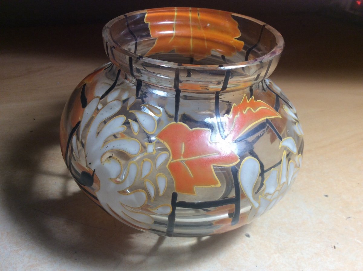 Art-deco Enameled Glass Vase Signed Mazoyer Decorated With White Flowers And Orange Foliage.-photo-3