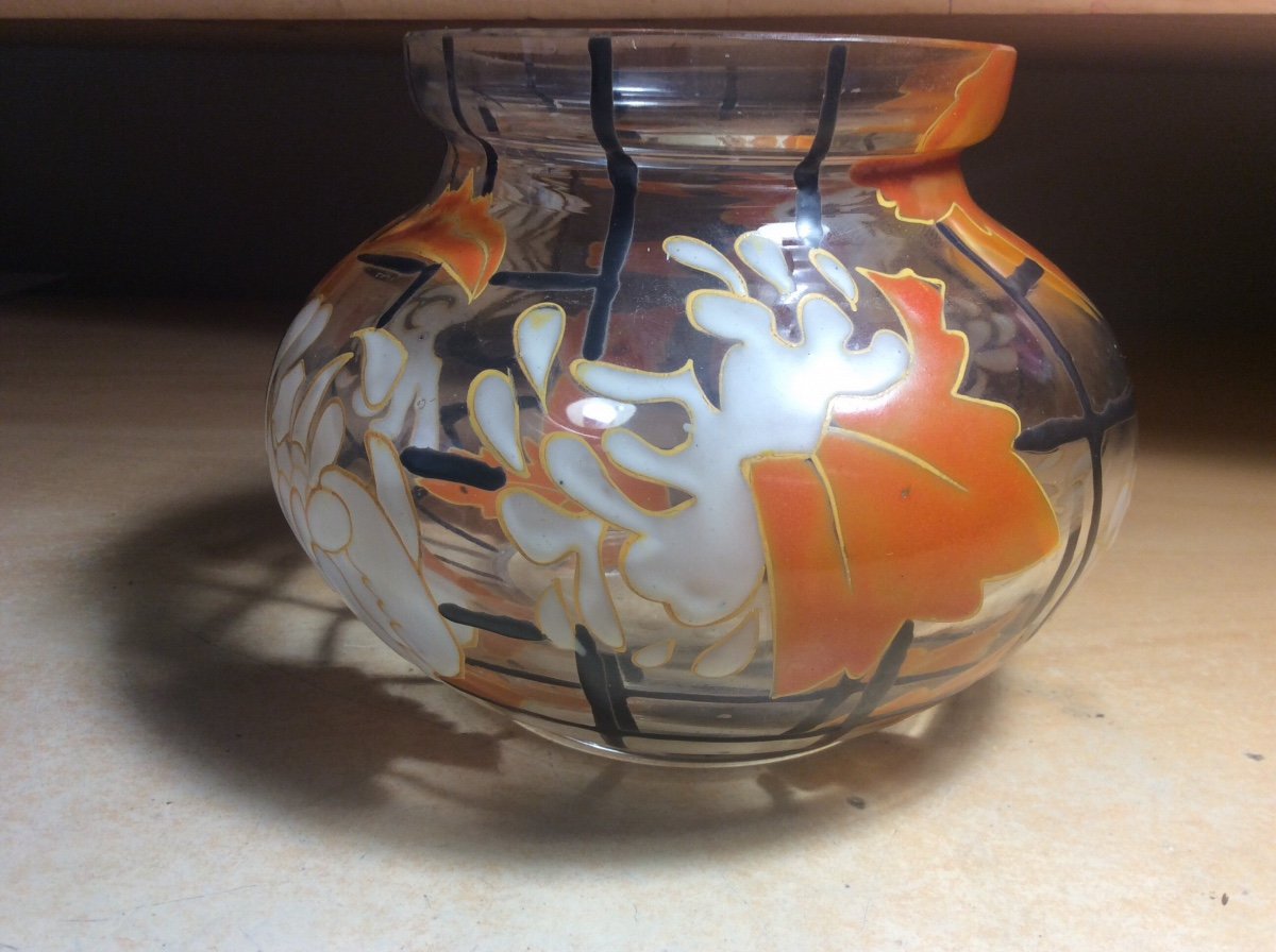 Art-deco Enameled Glass Vase Signed Mazoyer Decorated With White Flowers And Orange Foliage.-photo-4