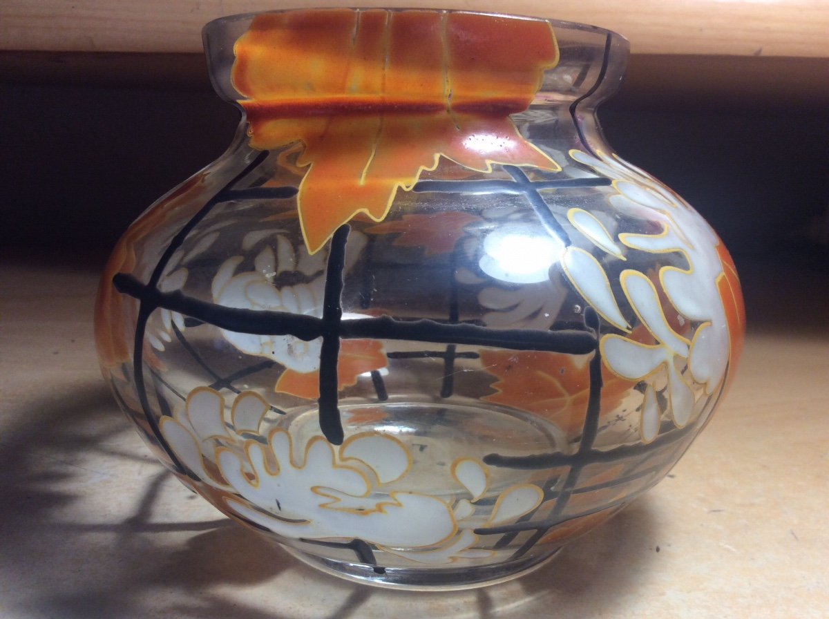 Art-deco Enameled Glass Vase Signed Mazoyer Decorated With White Flowers And Orange Foliage.-photo-5