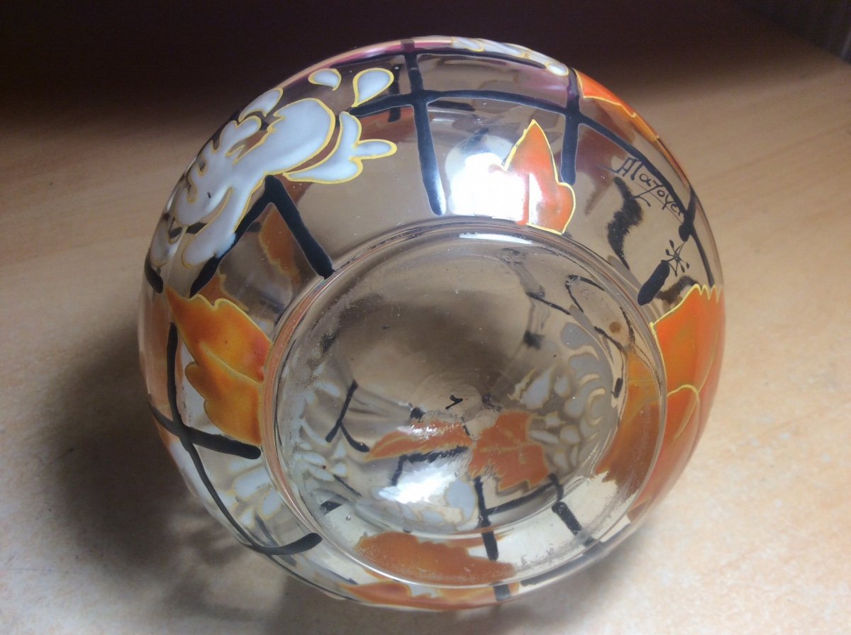 Art-deco Enameled Glass Vase Signed Mazoyer Decorated With White Flowers And Orange Foliage.-photo-6