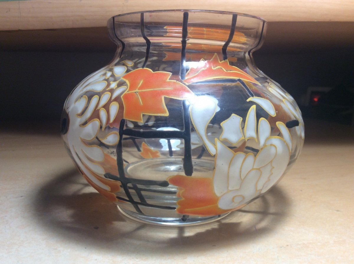 Art-deco Enameled Glass Vase Signed Mazoyer Decorated With White Flowers And Orange Foliage.-photo-8