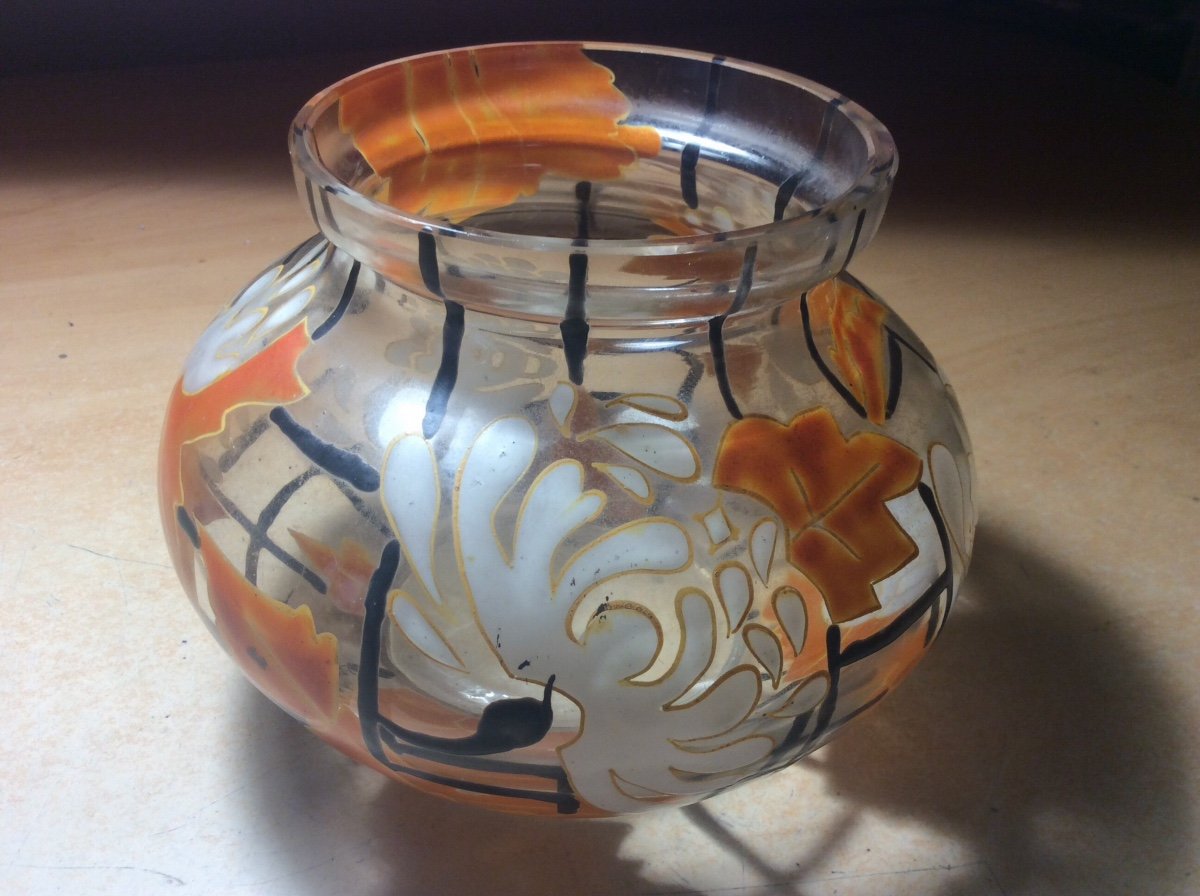 Art-deco Enameled Glass Vase Signed Mazoyer Decorated With White Flowers And Orange Foliage.