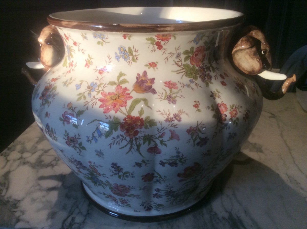 Large Longchamp Polychrome Earthenware Planter With Rounded Belly And Godronné Shape Decor Printed With Bouquets Of Flowers On A Cream White Background.-photo-6