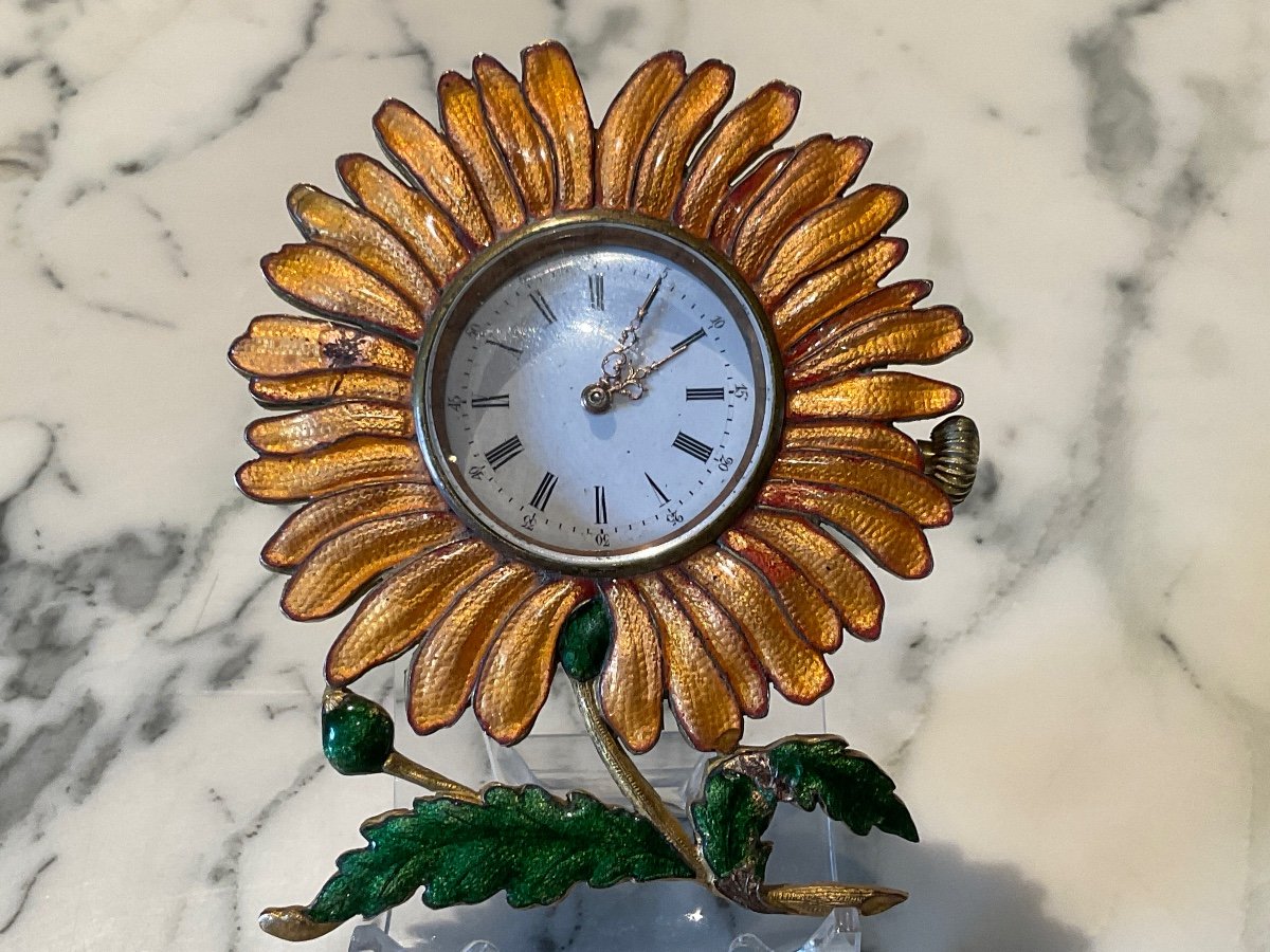 Small Polychrome Enamel And Gilt Bronze Pendulum Representing A Sunflower Flower.-photo-5