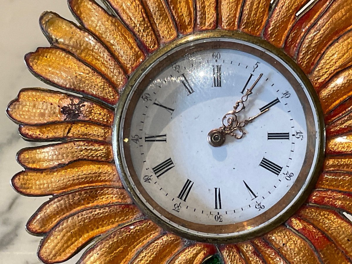 Small Polychrome Enamel And Gilt Bronze Pendulum Representing A Sunflower Flower.-photo-7