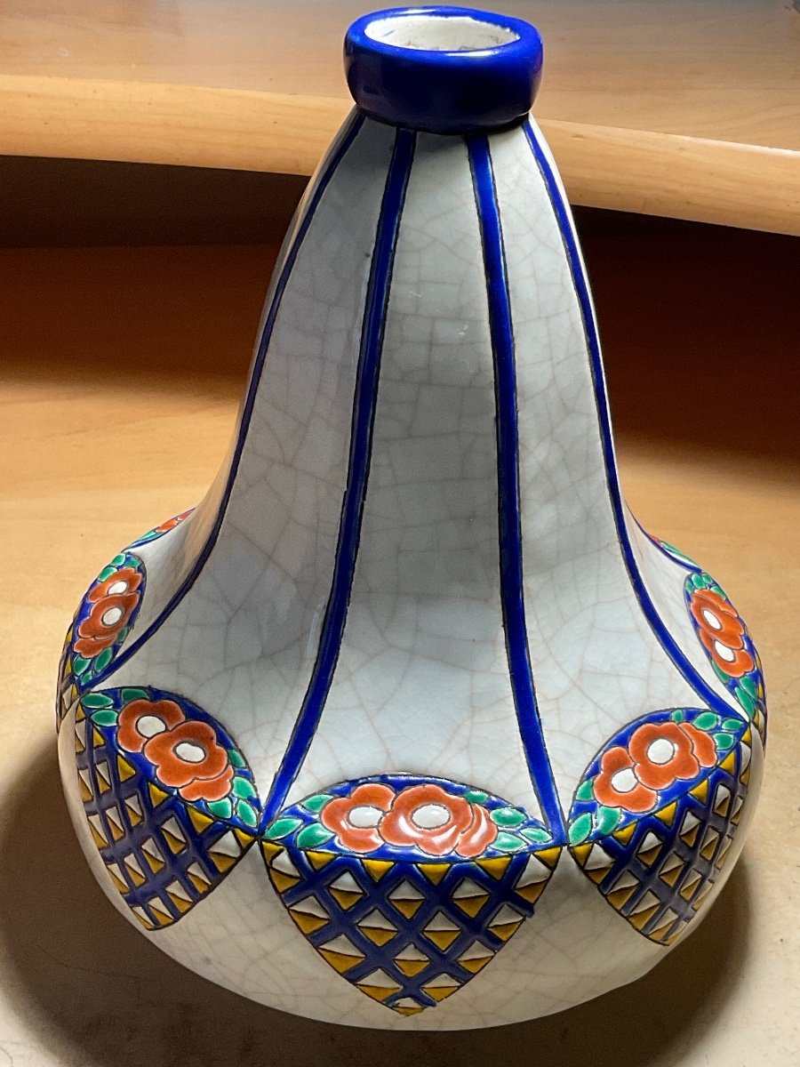Art-deco Longwy Enamel Vase Decor D.5053 On White Background.