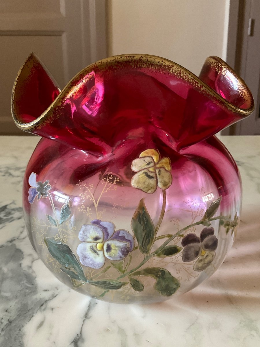 Legras Vase In The Shape Of A Ribbed Purse In Red Gradient Crystal With Enameled Decor Of Pansies.
