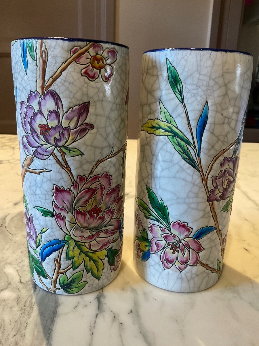 Pair Of Cylindrical Polychrome Vases In Longwy Enamels Decorated With Birds Perched On A Branch Of Flowering Foliage.-photo-2