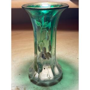 Ribbed Polychrome Legras Vase In Diabolo Shape In Green Gradient Crystal Decorated With Fuchsias.