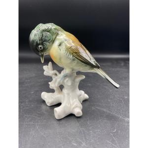 Polychrome Porcelain Bird From The Karl-ens Manufactory Representing A Black-capped Chickadee.