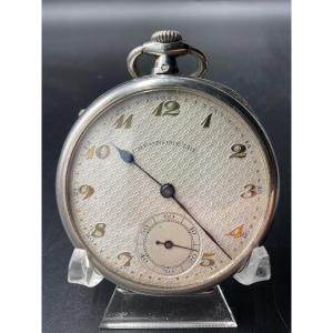Pocket Or Gusset Watch In Sterling Silver With Straight Line Guilloche Decoration Forming Diamonds.