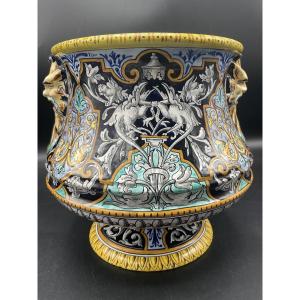 Cache-pot Polychrome De Forme Ventru Sur Piédouche En Faïence De Blois Signé Joseph Tortat.