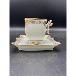 Cup And Saucer From The Mercedes Service In White And Gold Porcelain By Jean Pouyat In Limoges