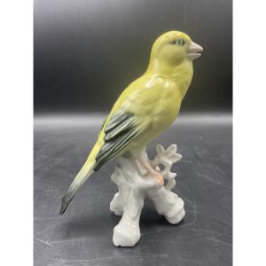 Canari perché sur une branche en porcelaine polychrome de la manufacture de Karl ENS.
