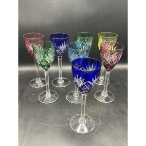 Eight Roemer Chantilly-model Glasses In Colored Cut Crystal From The Saint Louis Crystal Works.