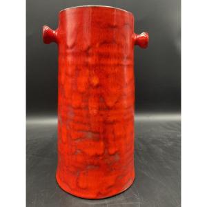 Scroll-shaped Vase With Two Handles In Red And Black Ceramic By The Cloutier Brothers.